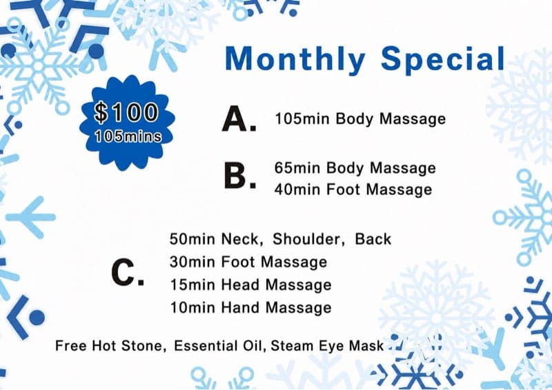 Monthly Special C - Neck Shoulder Back+ Foot+ Head - 50min Neck, Shoulder, Back
30min Foot Massage
15mi... - $100